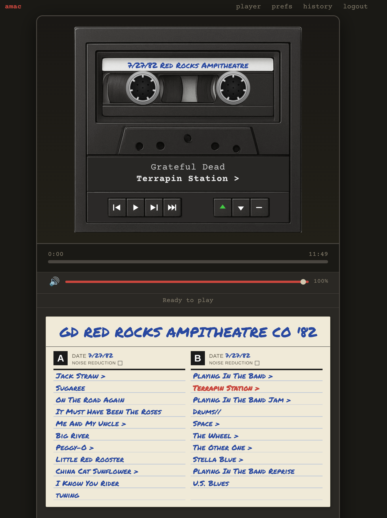 Tape deck UI showed playing a Grateful Dead concert at Red Rocks